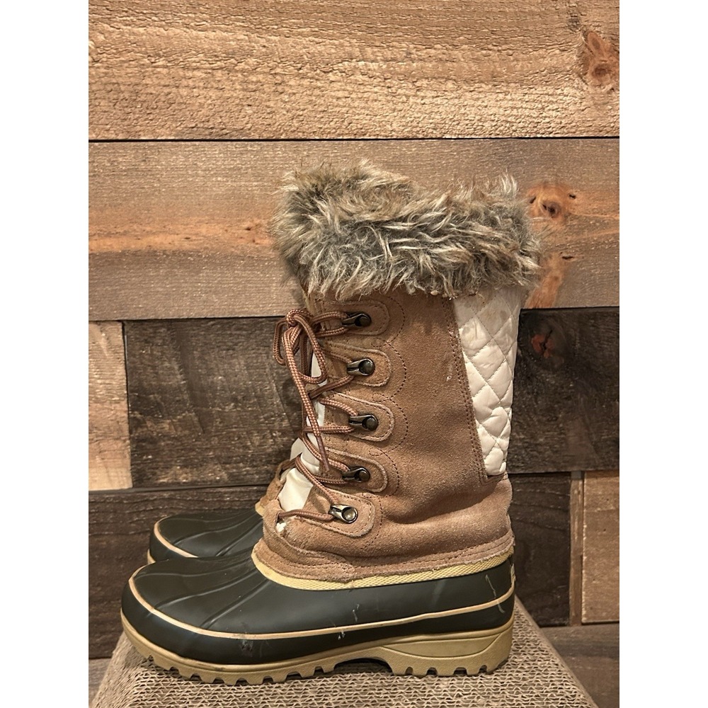 Khombu Allie Duck Boots Winter Quilted Faux Fur Tan Cream Olive‎ Women's Size 6M